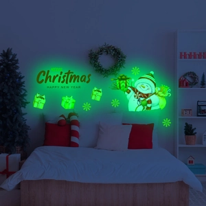 Luminous Christmas wall decals featuring glowing snowmen and snowflakes in the dark