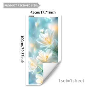 Detailed size chart for white lily floral static window film measuring 45cm by 100cm