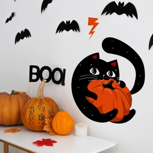 Halloween wall sticker set with cute black cat holding pumpkin and decorative bats