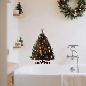 Christmas tree window sticker with red ornaments on a white tiled wall bathroom setting