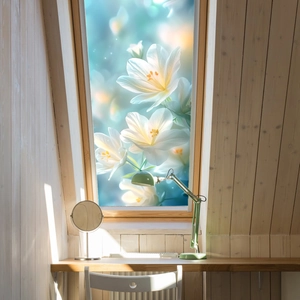 Detail view of floral static cling window film with white lilies on a slanted skylight