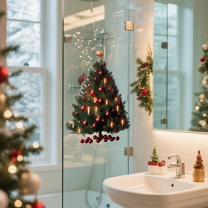 Miniature Christmas tree window sticker with LED candle lights and red baubles on glass