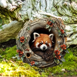 Detail of a 3D red panda garden stake showing realistic fur and tree bark textures