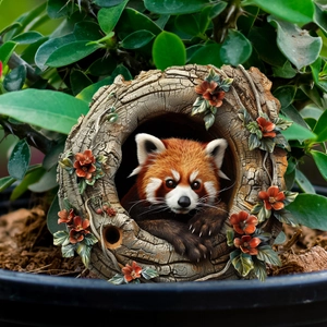 Detailed view of red panda garden stake figurine peering out of floral tree hollow decor