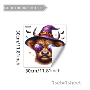 Detail of Halloween window sticker showing a highland cow wearing a purple wizard hat and bats