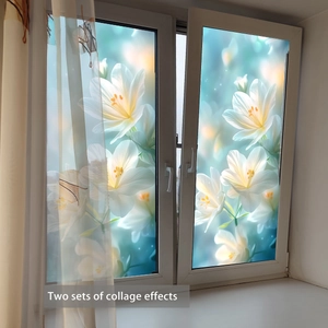 Detail of floral static window film with white lilies and translucent teal gradient background