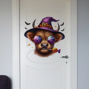 Halloween highland cow wall sticker with wizard hat and pumpkin on a white door