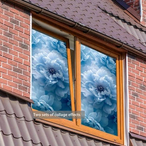 Detail showing two sets of blue floral static cling window film on wooden frame