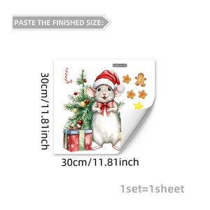 Detail of Christmas window sticker featuring cute mouse and holiday decor items 30x30cm