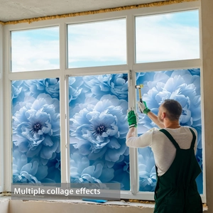 Detail showing blue flower static window film with embossed texture on a glass panel