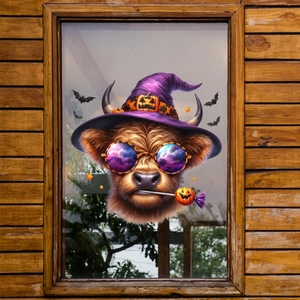 Halloween highland cow window decal with purple wizard hat and orange pumpkin lollipop