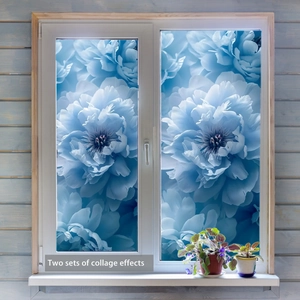 Blue floral static cling window film with two sets of collage effects on white window glass