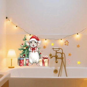 Detailed watercolor Christmas mouse wall decal with festive gifts and stars on white wall
