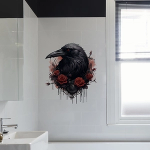 Detail of gothic black crow and red roses wall sticker on bathroom tile surface