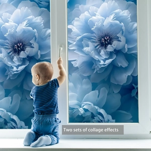 Detail of static blue peony window film showing two sets of collage effects on glass