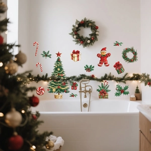 Close-up of festive Christmas tree and gingerbread man decals on bathroom wall tiles