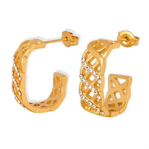 Retro Hollow Mesh Grid Lattice C Shaped Hoop Earrings For Women Titanium Steel With Czech Rhinestones Sparkly Jewelry