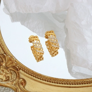 Vintage gold wide mesh hoop earrings with sparkling rows of clear Czech crystals