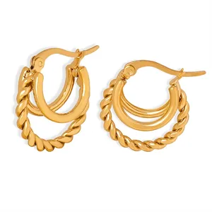 Boucles D'oreilles Créoles À Triple Couche Corde Torsadée Acier Titane Plaqué Or 18K Géométrique Forme U Bijoux