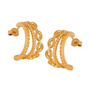 Gold Titanium Steel C Shaped Hoop Earrings Triple Layer Twisted Dotted Hollow Design French Vintage Minimalist Jewelry