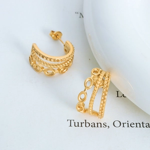 Chic triple-layer twisted rope and beaded gold titanium steel hoop earrings for women