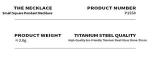 Specifications for square glass stone pendant necklace in titanium steel, model P1558