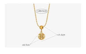 Detail view of a gold double-sided Xi character pendant necklace with dimensions