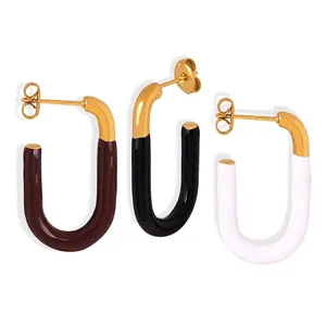 U Shape Hoop Earrings Geometric Stainless Steel Gold Plated Enamel Two Tone Fashion Jewelry For Women
