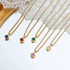 Elegant gold titanium steel square gemstone necklaces in five vibrant colors