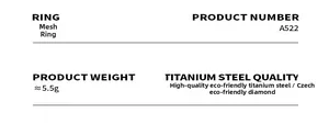 Mesh ring specifications showing titanium steel material and Czech rhinestones details
