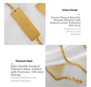 Macro view of Happy Forever engraved gold square plaque on titanium steel bracelet
