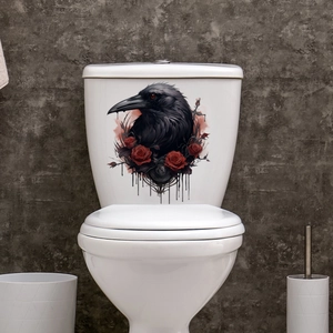 Gothic raven and red rose self-adhesive sticker on white toilet tank for Halloween decor