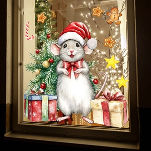 Cozy scene showing hand-drawn Christmas animal window stickers on glass with warm lights