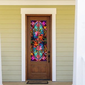 Macro detail of colorful floral static window film with vibrant flower and butterfly patterns