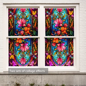 Macro detail of floral stained glass window film showing two sets of collage effects
