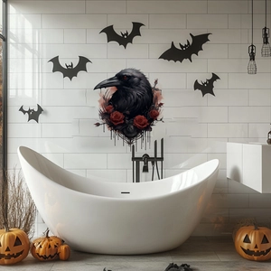 Gothic Halloween wall decals with black crow, red rose, and bats over a white bathtub