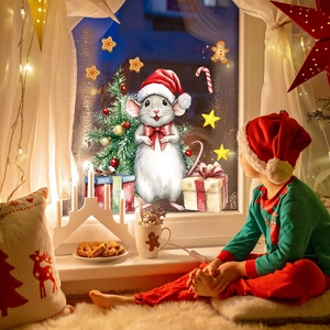 Detailed Christmas window stickers featuring watercolor mouse, tree, and festive ornaments