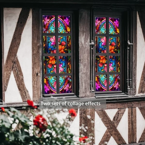 Floral stained glass static window stickers with colorful mandala geometric patterns