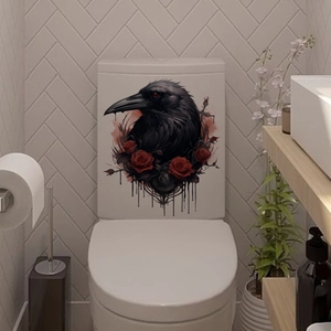 Detail of gothic raven and red rose toilet sticker on a white ceramic tank