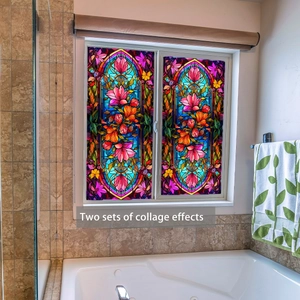 Detail of floral window film with stained glass effect showing two collage sets