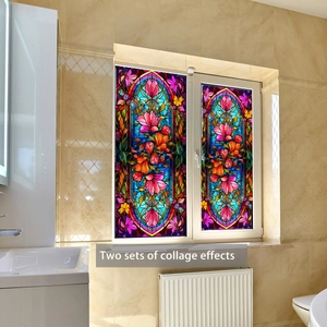 Detail of floral window film showing two sets of collage effects on a modern bathroom window
