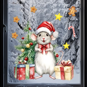 Detailed Christmas window sticker showing a cute cartoon mouse with festive gifts and tree