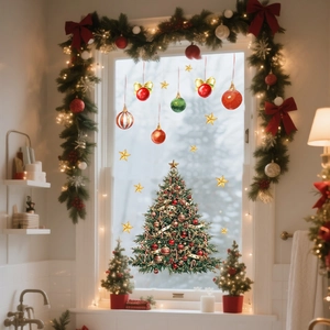 Christmas tree and red ornaments double-sided window stickers for festive home decoration