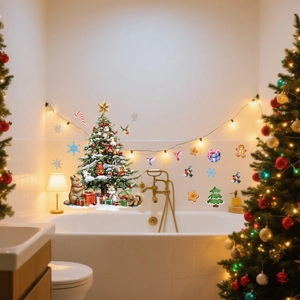 Detailed Christmas tree and gift box wall decals on a window in a festive bathroom setting