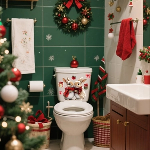 Scena di coniglietti natalizi e adesivi di scatole regalo su piastrelle verdi del bagno