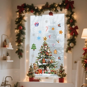 Double-sided Christmas tree window stickers with festive gift boxes and snowflake decals