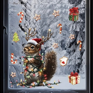 Christmas squirrel window decals with candy canes and gift boxes on snowy forest backdrop
