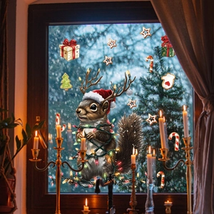 Christmas window decals with hand-drawn squirrel and festive holiday decorations