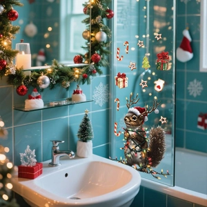 Detailed Christmas squirrel glass decal with festive antlers and colorful lights decoration