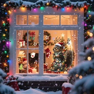 Christmas window stickers featuring festive squirrel and holiday decor on snowy glass